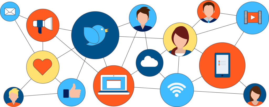 15 circles connected by lines where the circle contain icons of people, news, social media, laptop, phone.