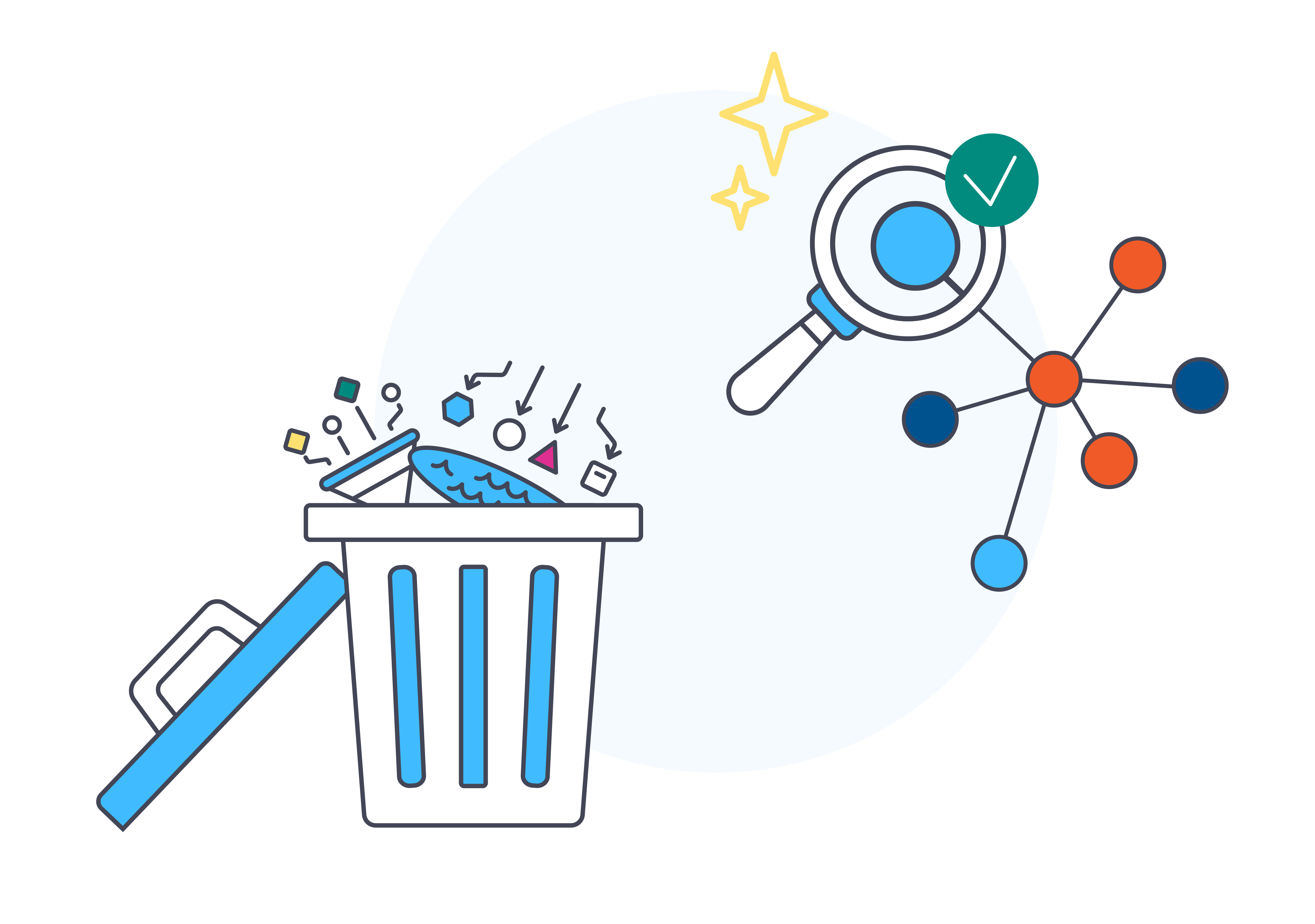 trashcan, nodes and edges, magnifying glass illustration