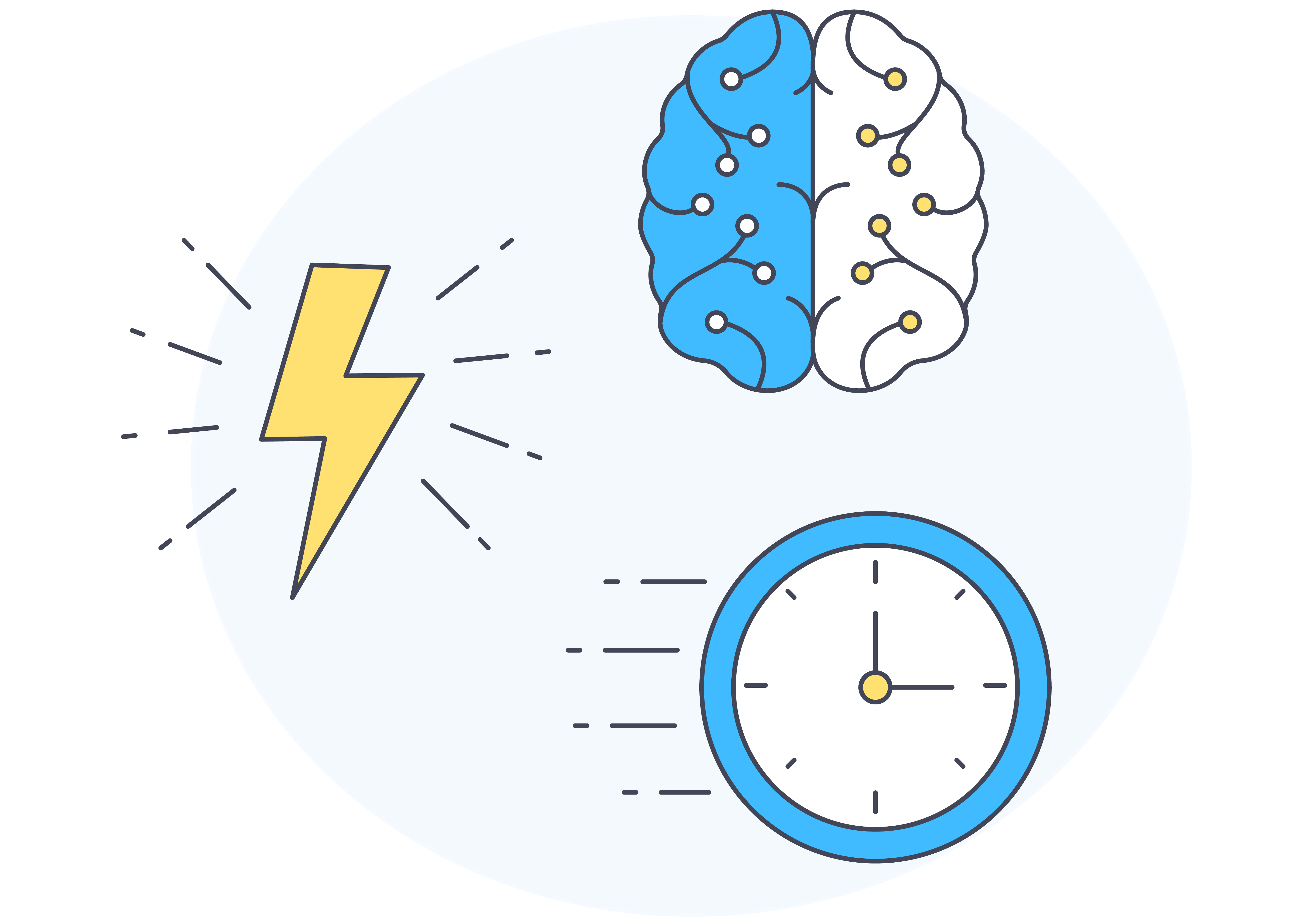 brain, lightening bolt, and clock face illustration