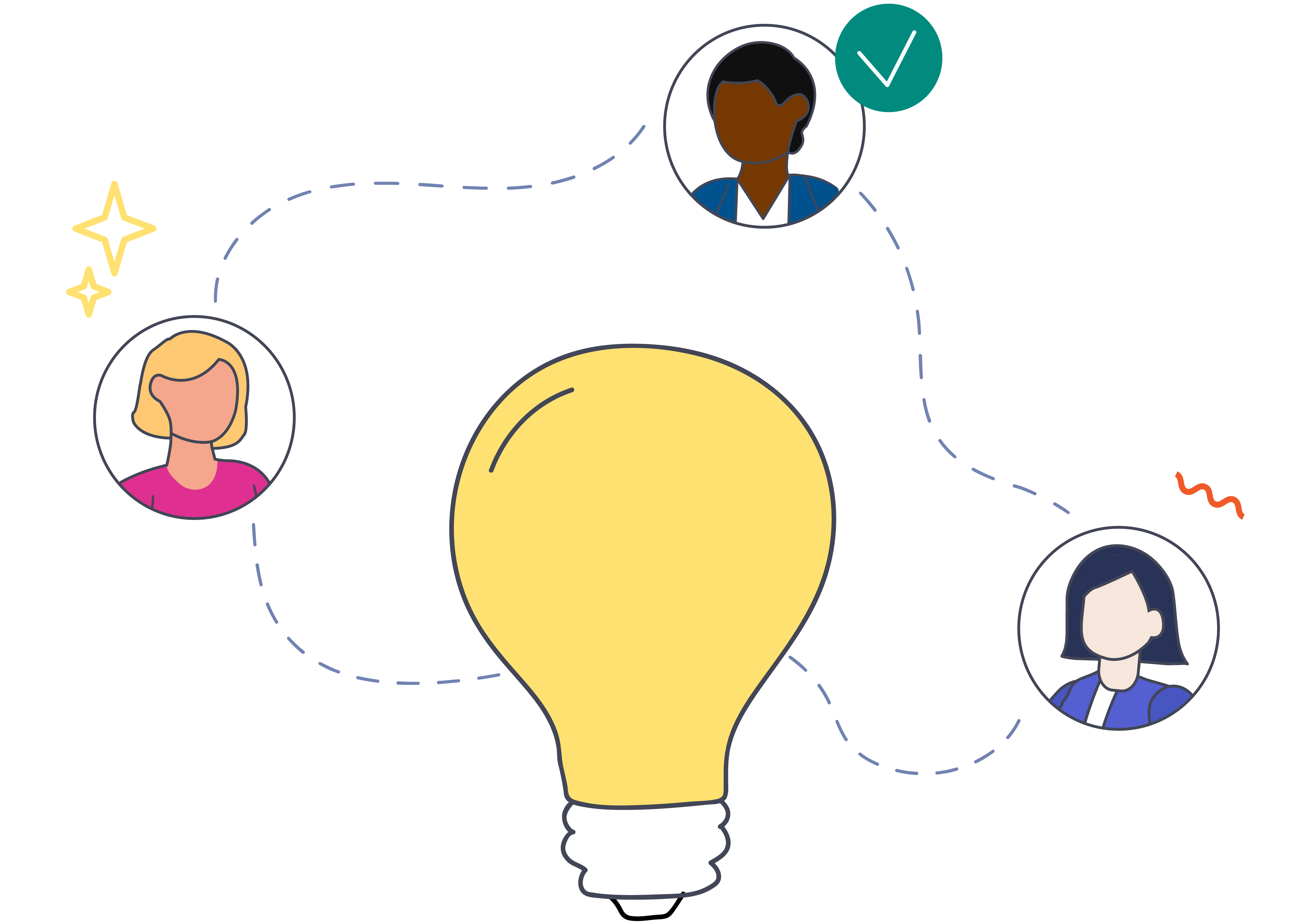 three people connected by lightbulb illustration