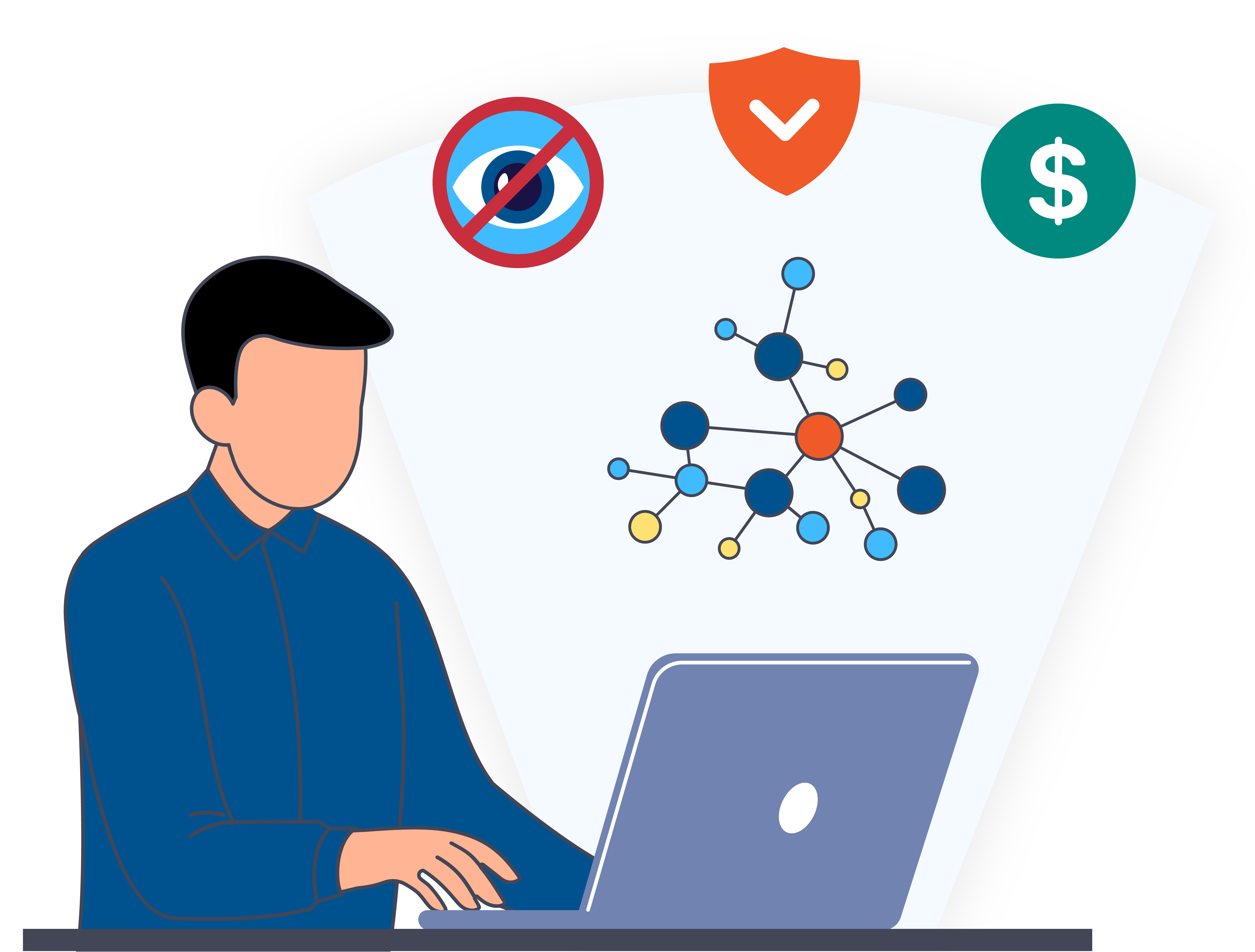 Illustration of person in front of a laptop working on financial services projects