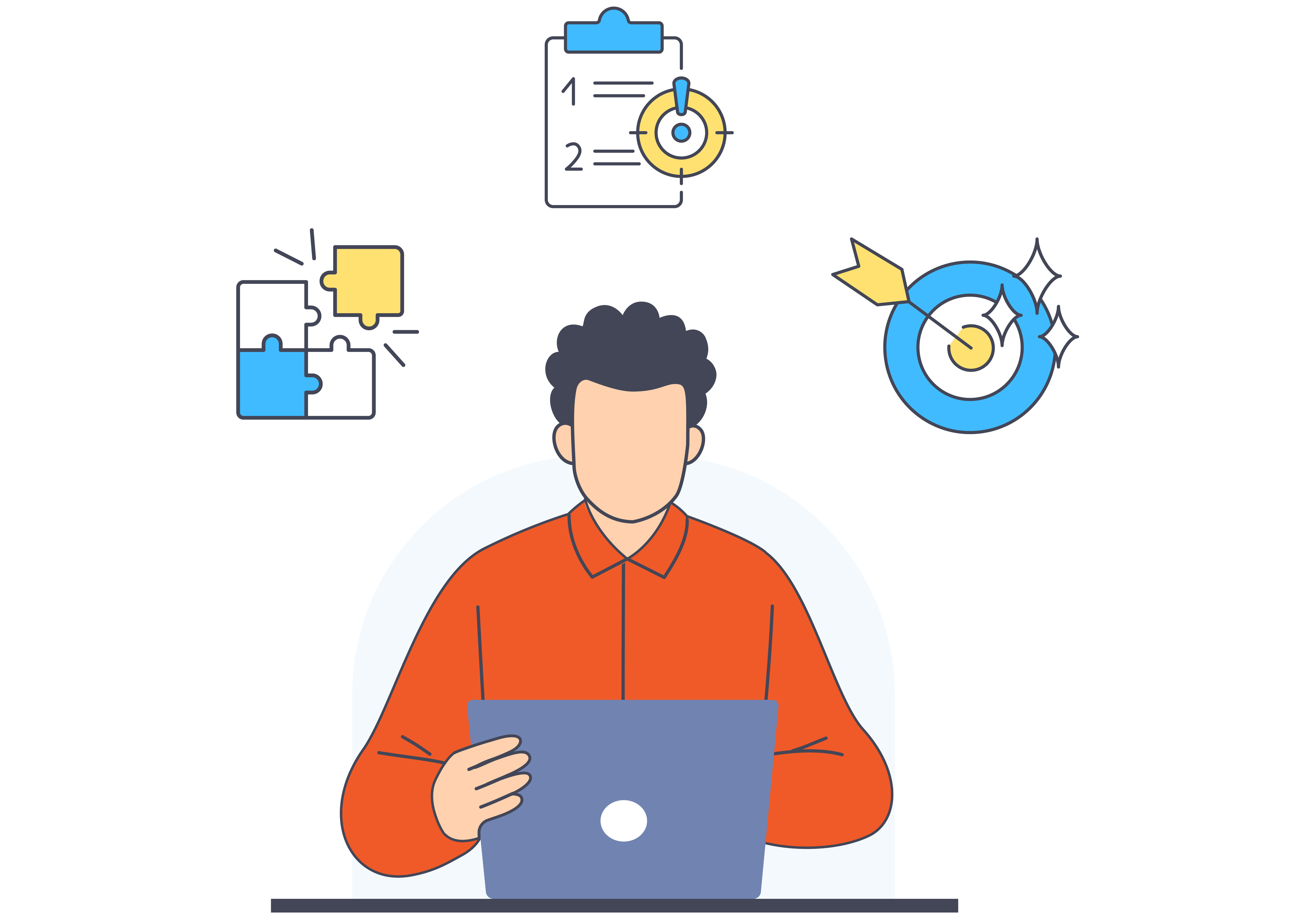 illustration of man with laptop facing the screen with three icons above his head, the first being a puzzle square of four pieces, a notepad with two options on it and an arrow hitting the target