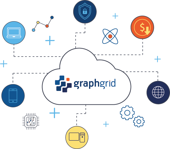illustration emphasizing an outline of cloud containing the graphgrid logo with lines connecting from it to icons for mobile phone, laptop, dollar sign with down arrow, shield containing lock, globe, and computer server