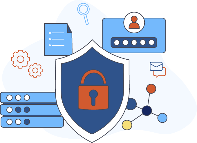 illustration emphasizing a blue shield with an orange lock with several icons behind it for server infrastrucutre, graph, user access