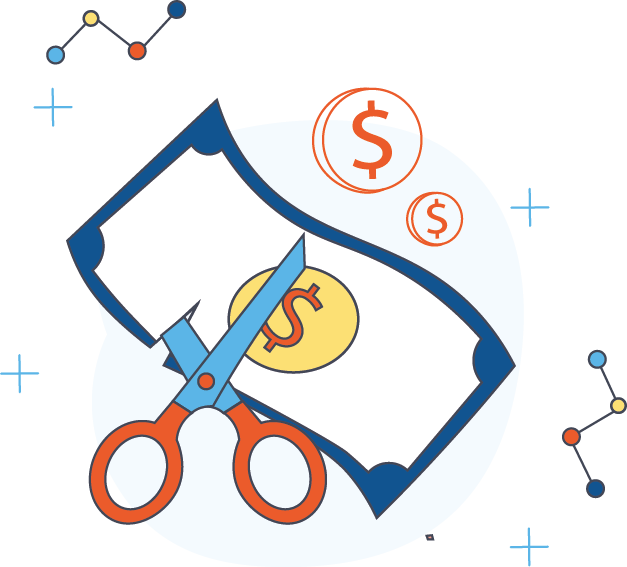 illustration depicting minimizing cost by cutting money in half with icons around it for coins with dollar signs on them in outline format and small sets of nodes and edges