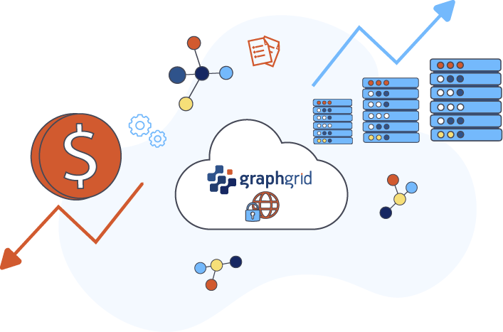 illustration with a cloud outline containing the graphgrid logo plus a lock icon at the center and to the left of that a money icon with an arrow indicating downward movement and to the right side server infrastructure icons with an arrow indicating movement up and to the right