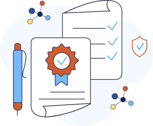 illustration depicting a pen with a piece of paper and ribbon with check mark icon and another piece of paper behind that with three lines each with a blue check mark at the end of the line
