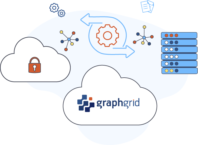 illustration depicting both cloud and on premises server with a gear icon surrounded by a bi-directional arrow interacting between them to show flexibility of both