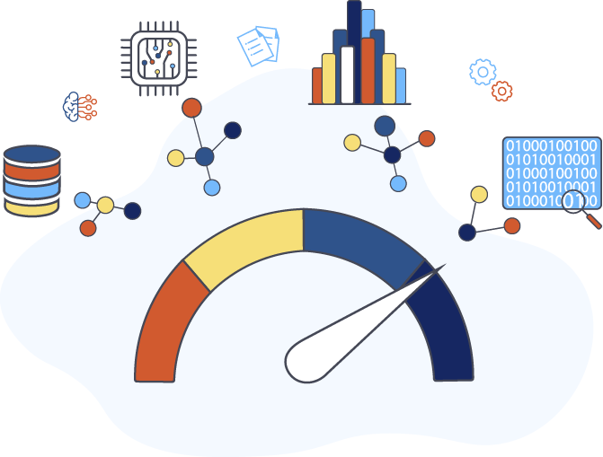 illustration depicting a speedometer in orange, yellow, blue and dark blue with the indicator in the far right section and icons above it for graph, databases, machine learning bar charts going up