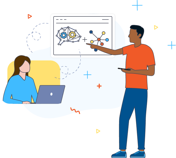 illustration depicting developer friendly by showing a female developer at a laptop using a simple graph and text interface with a male developer pointing at it and discussing it with her