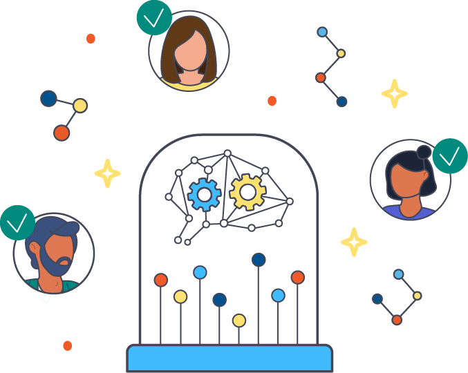 illustration depicting graph enhanced machine learning by using a side view of a graph brain with gears inside it and graph nodes coming up into it, all with three person icons around