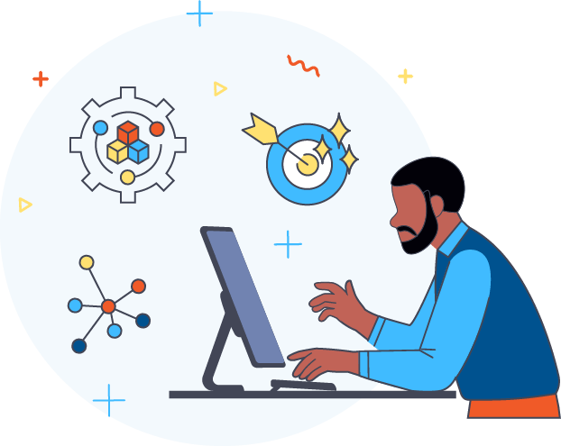 illustration of a man sitting at a computer with icons around the computer for graph, gear with graph and blocks, and blue target hit by yellow arrow with emphasizing diamonds