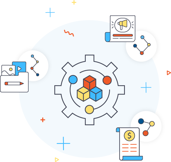 illustration depicting a gear in the middle containing three nodes connected in a circle around a stack of three blocks with this gear surrounded by icons for big results