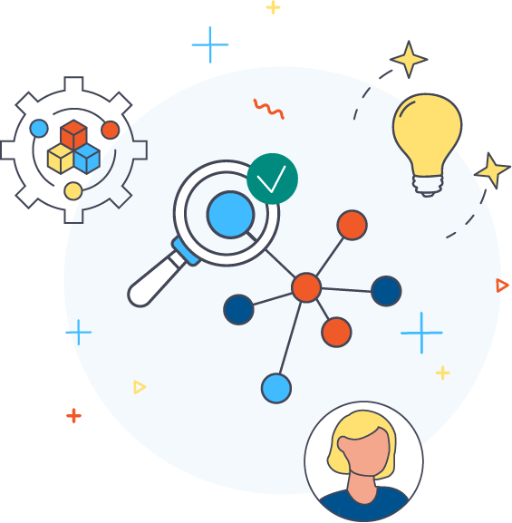 illustration of a graph with one node emphasized by a magnifying glass and three icons around it for lightbulb, person and gear containing a three connected nodes in a circle around a stack of three blocks