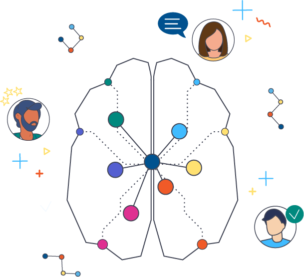 illustration of a top view brain with graph connecting through it and three person icons around it.