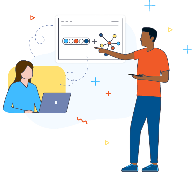 illustration depicting developer friendly by showing a female developer at a laptop using a simple graph and text interface with a male developer pointing at it and discussing it with her