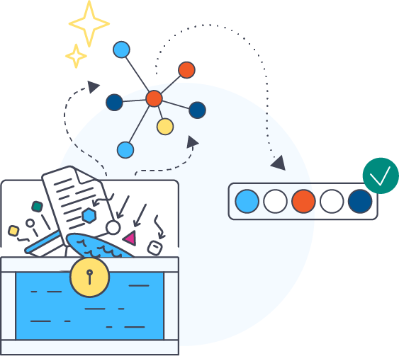 illustration depicting data unlocked by showing a chest opening with data elements including text coming out the top, transforming into a graph and ultimately to a single row vector for training nlp models