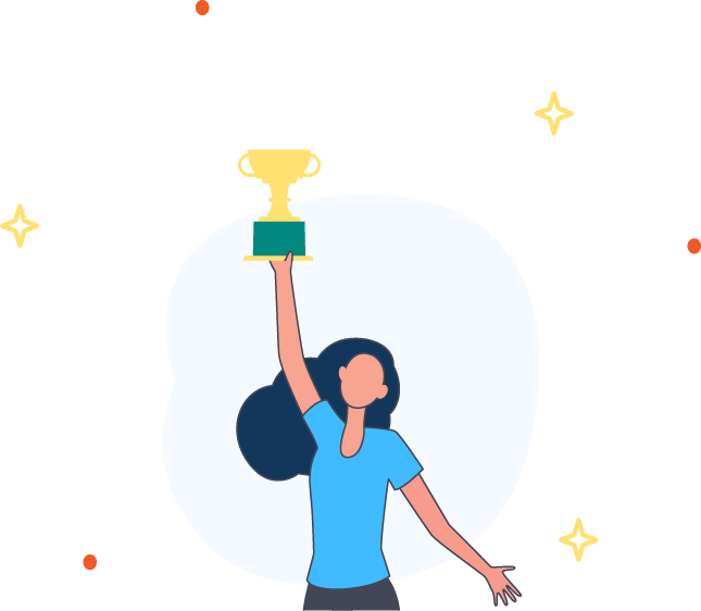 illustrating depicting a woman in a bluet shirt raising a trophy above her head