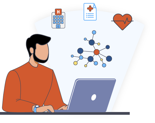 illustration depicting graph ai solutions for healthcare by showing a man a desk using a laptop with a projection above the laptop containing a graph with three different sized nodes and four different colors and above that icons for health records and heart health