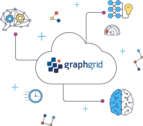 illustration representing graph ai cloud by showing a cloud icon in the middle containing graphgrid logo with three lines coming out of it where the one to the left connects to an ai brain side view with two gears in it, the one to the top connects to a neural network layer that outputs a light bulb and the one to the bottom connects to a top view graph brain