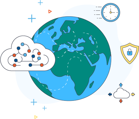 illustration depicting secure global reach for graph ai cloud by showing globe in the background with a cloud containing a graph over it and icons to the right for clock with speed lines, shield with lock inside it, and a cloud icon with an arrow coming out of each side