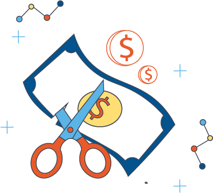illustration depicting minimizing cost by cutting money in half with icons around it for coins with dollar signs on them in outline format and small sets of nodes and edges