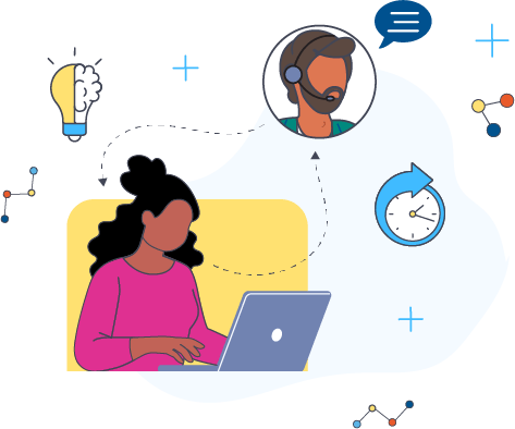 illustration depicting fully supported by showing a woman on a laptop talking a man in a bubble on a headset providing support with icons around for text, arrow around a clock and light bulb