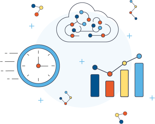 illustration depicting deliver value fast with graph ai cloud that shows a clock with speed lines to the left of it, a bar chart moving up and to the right and cloud with a graph nside it