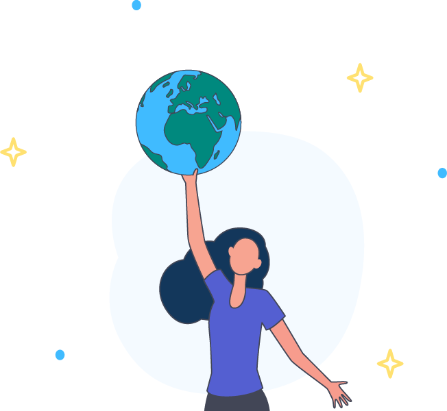 illustration depicting empower your team, that shows a woman in a purple-blue shirt hoisting a globe rotated to the african continent over her head