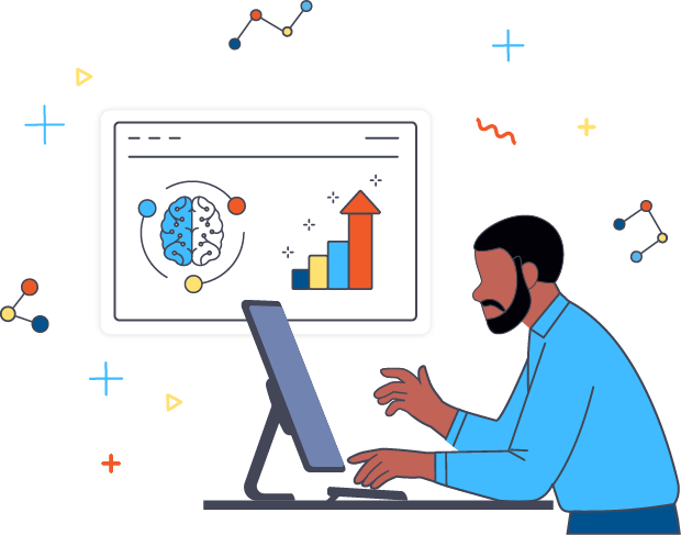 illustration depicting focusing on model performance with a man at a computer and the screen showing an ai model as a brain surrounded by a graph of three connected nodes with a bar chart increasing up and right