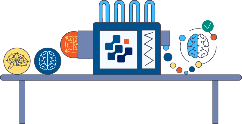 illustration depicting fully automated MLOps, AIOps by showing balls with icons for graph brain side view with gears in it, graph brain top view, and ai brain icon rolling into a machine with the output being a graph with three nodes around a graph brain top view and a green filled circle containing a white check mark