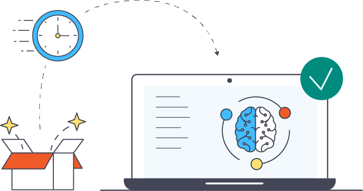 illustration depicting day one production ready by showing a box with a laptop coming out of it and a green checkmark