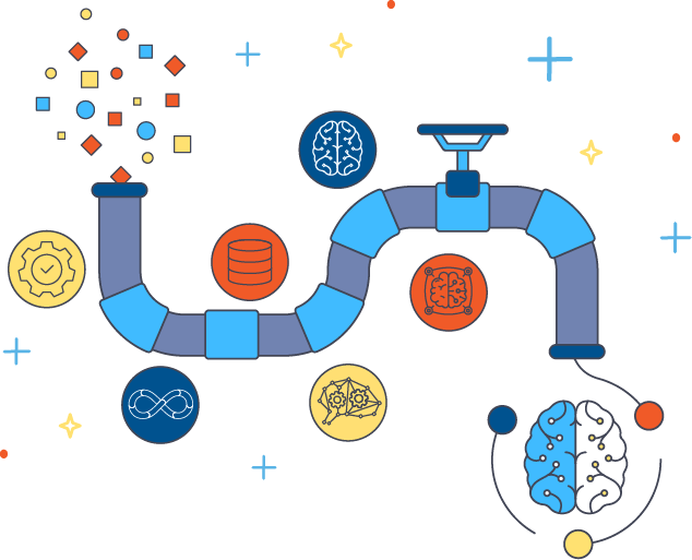 illustration depicting graph ops by using a traditional water pipe snaking up and down with icons for brain outline, database, infinity, brain with gears around it until it outputs a graph of three nodes surrounding an ai brain