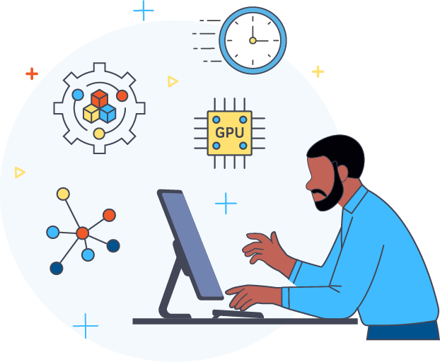 illustration depicting GPU accelerated deep learning with a man at a computer, a gpu symbol, a graph of seven nodes and edges and a gear with three nodes rotating around a stack of three blocks, and a clock with speed lines from behind it