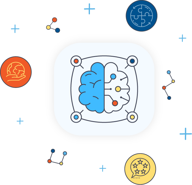 Illustration depicts graph enhanced deep learning with a overhead brain outline containing graph and computer chip surrounded by other icons of a hand holding a globe, a commment with stars and a set of four connected puzzle pieces in a circle with a line around it