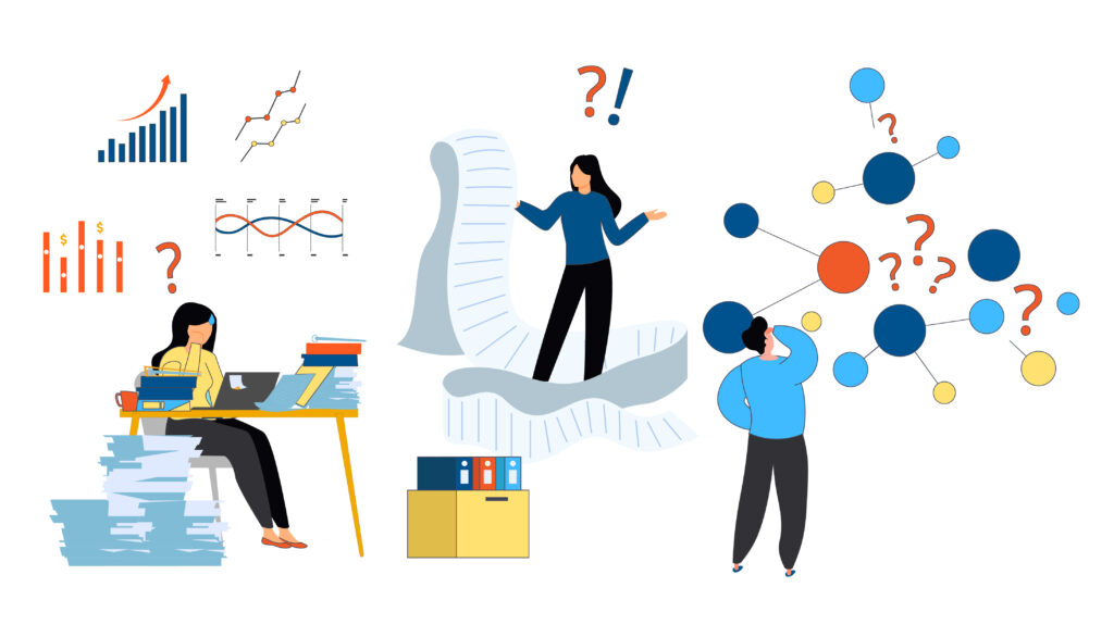 
illustration depicting  by showing a woman struggling with lots of paper work, the woman who's trying to find the information in the huge list and the man that looking on the graph with quastions
